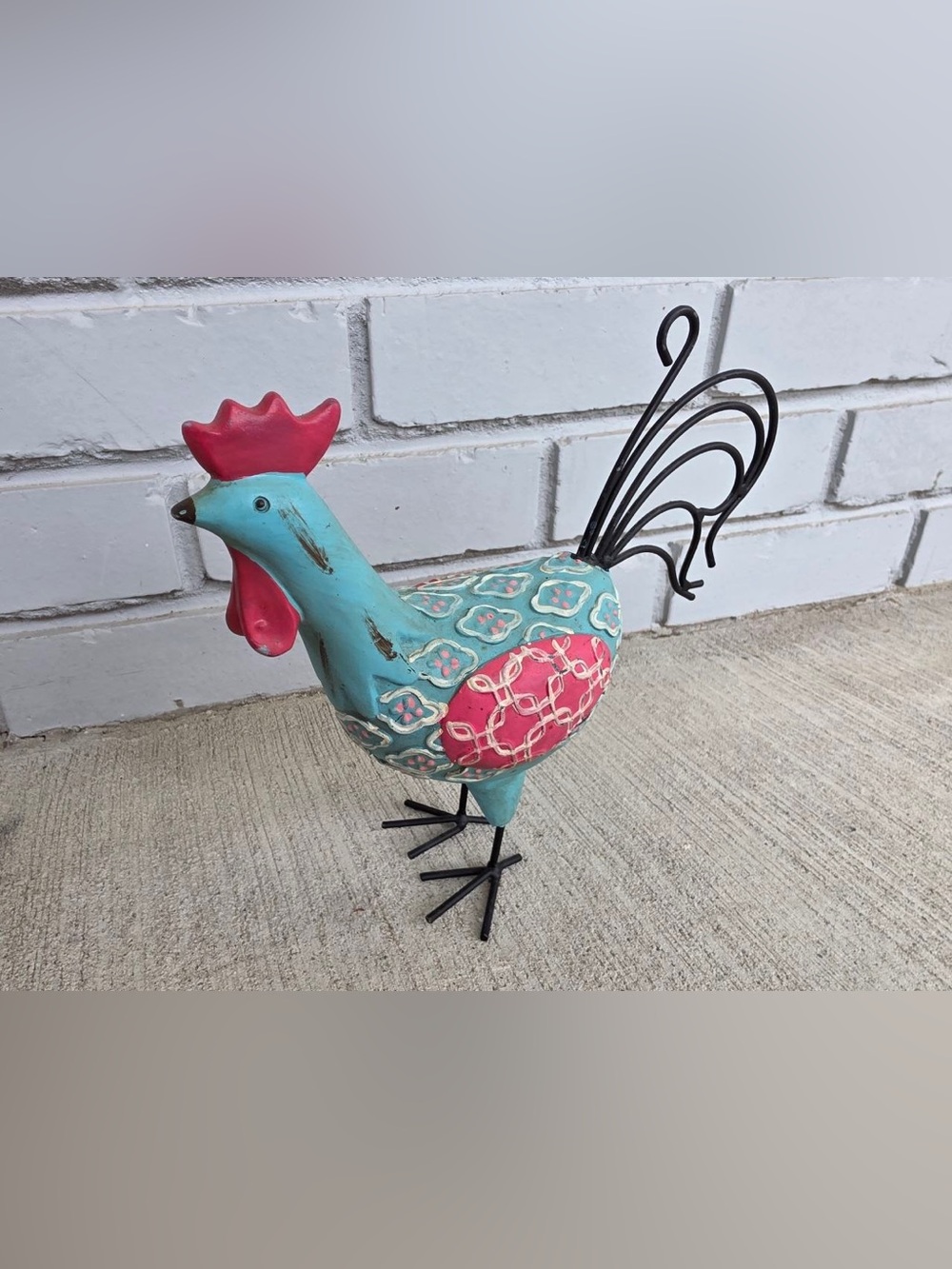 Vintage Folk Art Rooster Chicken Figurine Hand Painted Metal Wire Tail Rustic